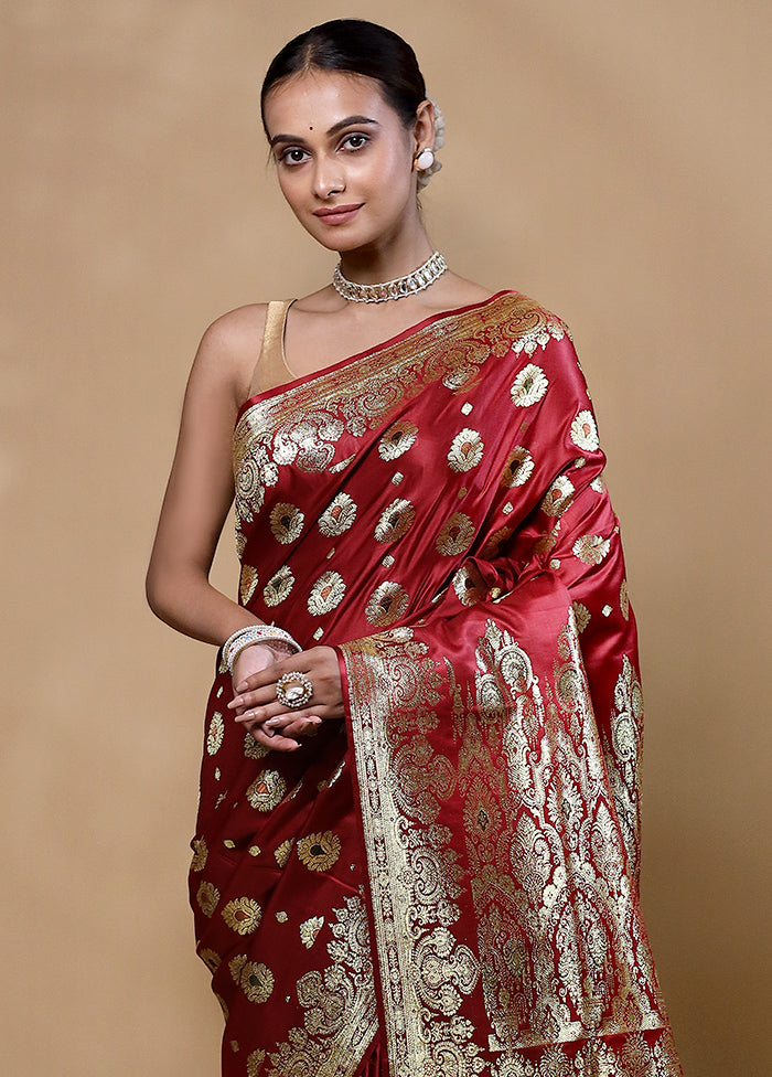 Maroon Banarasi Silk Saree With Blouse Piece