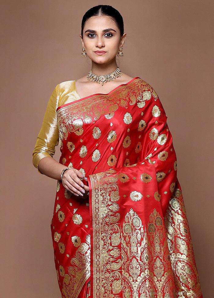 Red Banarasi Silk Saree With Blouse Piece