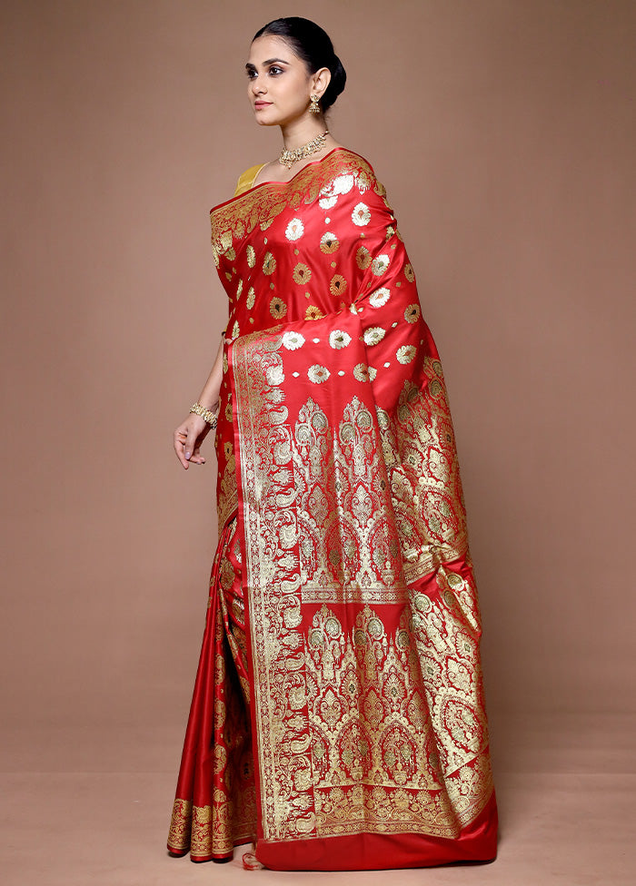 Red Banarasi Silk Saree With Blouse Piece