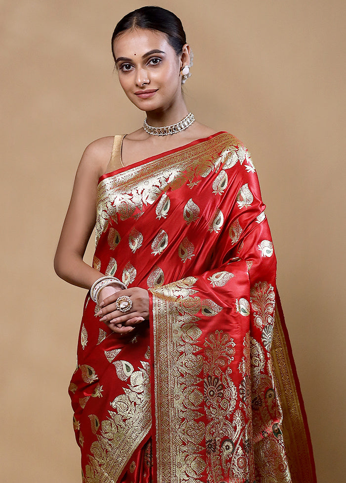 Red Banarasi Silk Saree With Blouse Piece