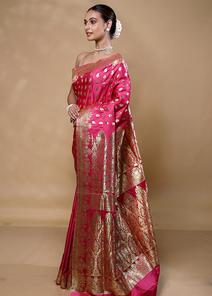 Pink Banarasi Silk Saree With Blouse Piece