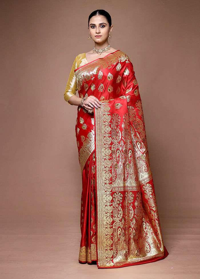 Red Banarasi Silk Saree With Blouse Piece