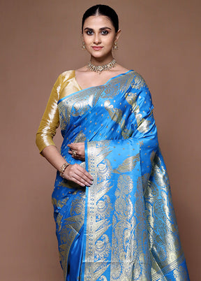 Blue Banarasi Silk Saree With Blouse Piece