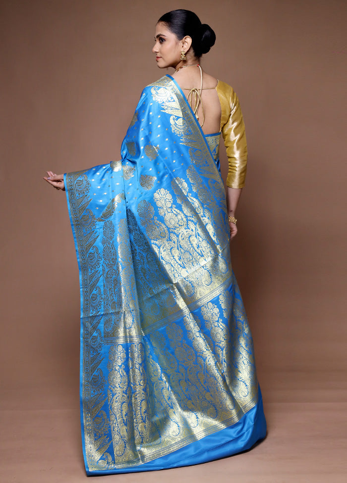 Blue Banarasi Silk Saree With Blouse Piece