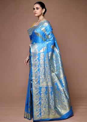 Blue Banarasi Silk Saree With Blouse Piece