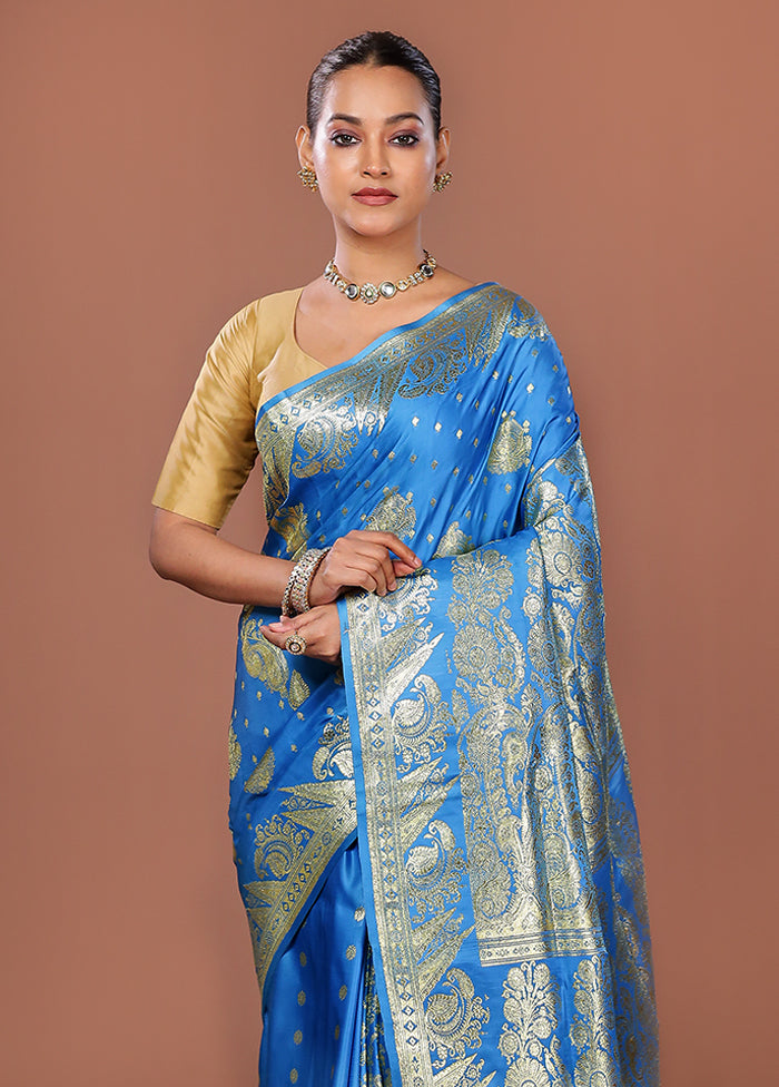 Blue Banarasi Silk Saree With Blouse Piece