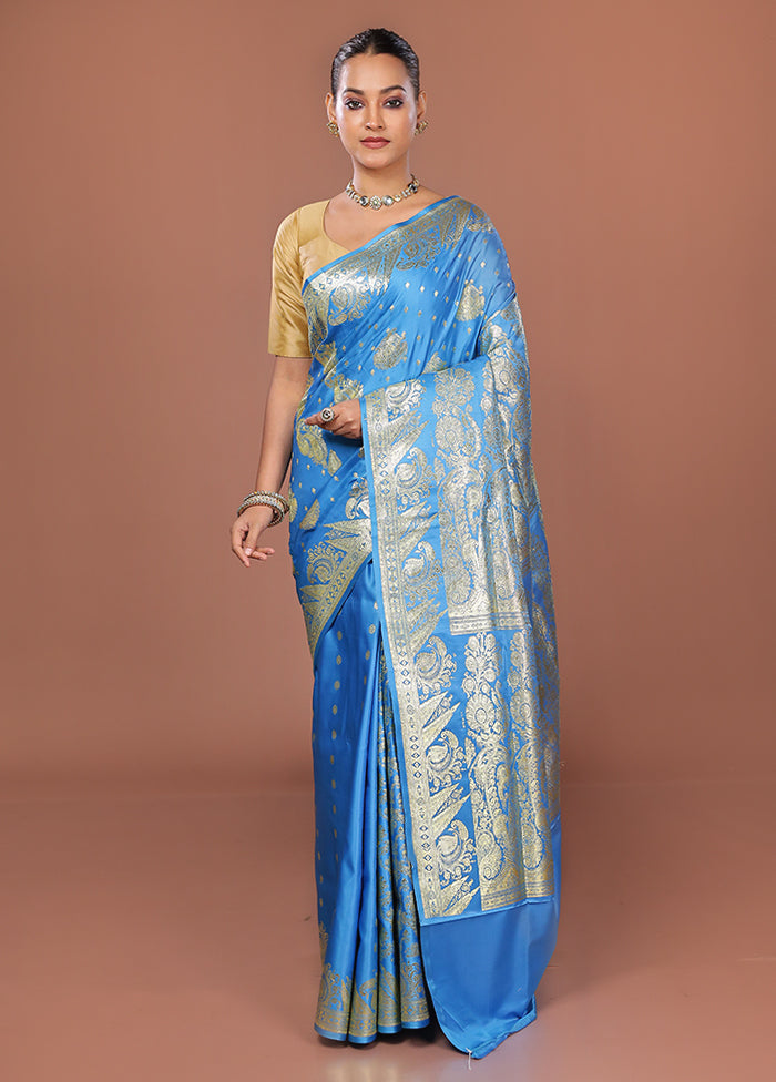 Blue Banarasi Silk Saree With Blouse Piece