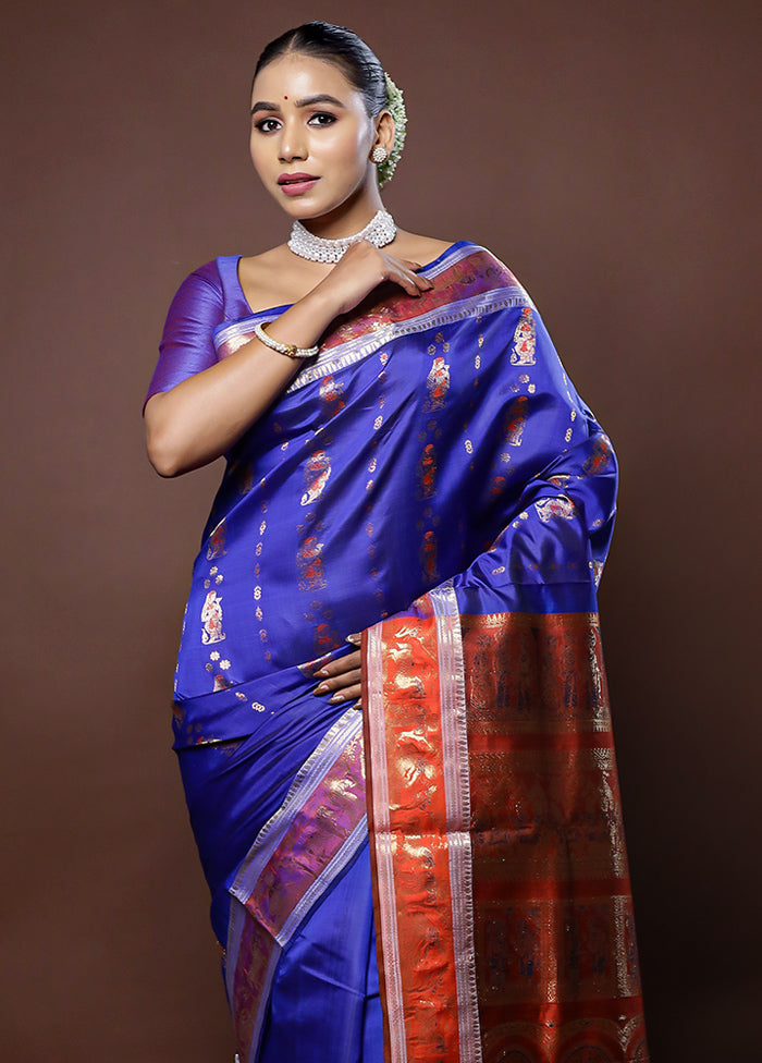 Blue Handloom Baluchari Pure Silk Saree With Blouse Piece