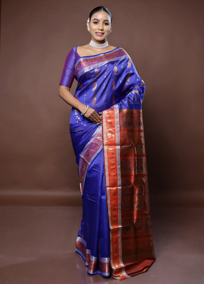 Blue Handloom Baluchari Pure Silk Saree With Blouse Piece