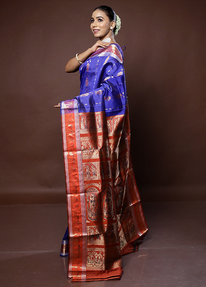 Blue Handloom Baluchari Pure Silk Saree With Blouse Piece