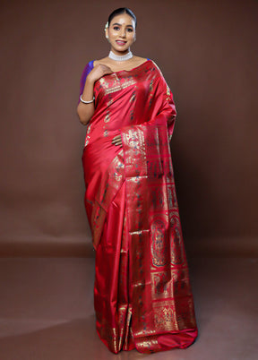 Pink Handloom Baluchari Pure Silk Saree With Blouse Piece