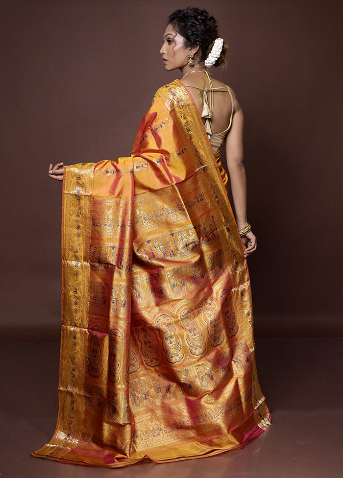 Yellow Handloom Baluchari Pure Silk Saree With Blouse Piece