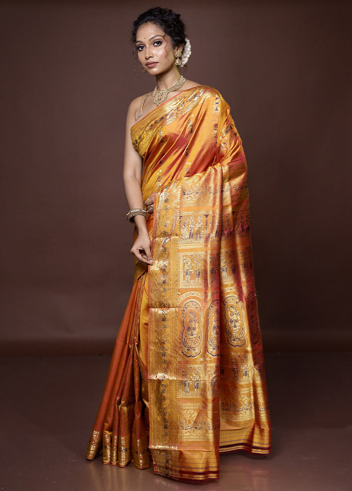 Yellow Handloom Baluchari Pure Silk Saree With Blouse Piece