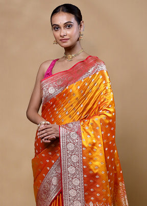 Orange Banarasi Silk Saree With Blouse Piece