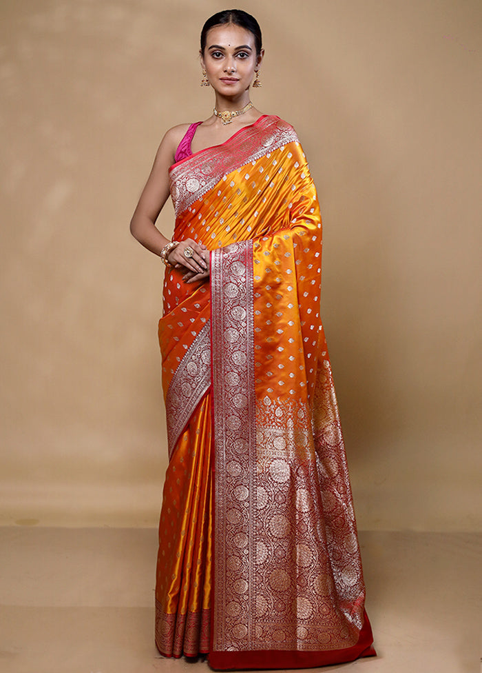 Orange Banarasi Silk Saree With Blouse Piece