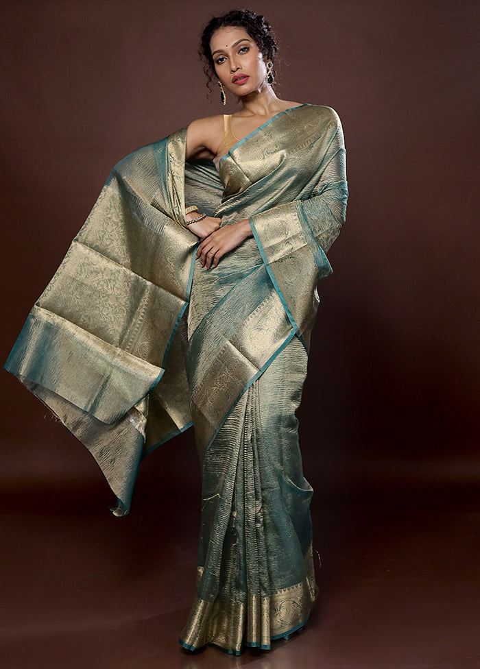 Green Crushed Tissue Silk Saree With Blouse Piece - Indian Silk House Agencies