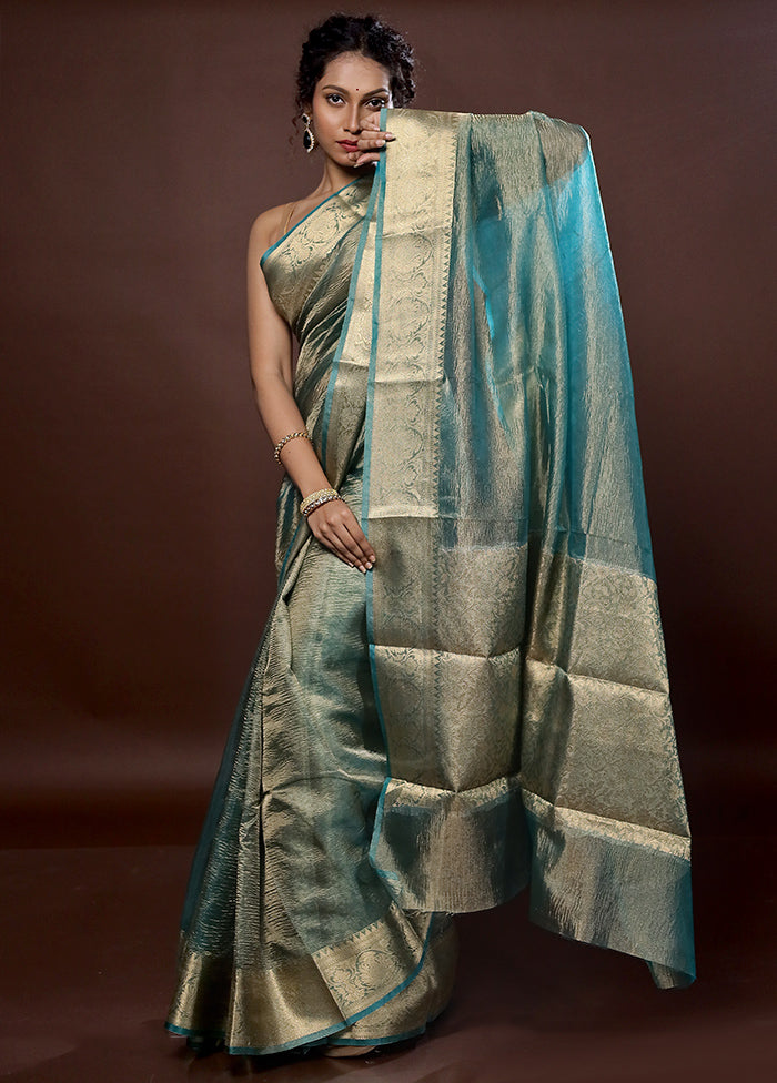 Green Crushed Tissue Silk Saree With Blouse Piece - Indian Silk House Agencies