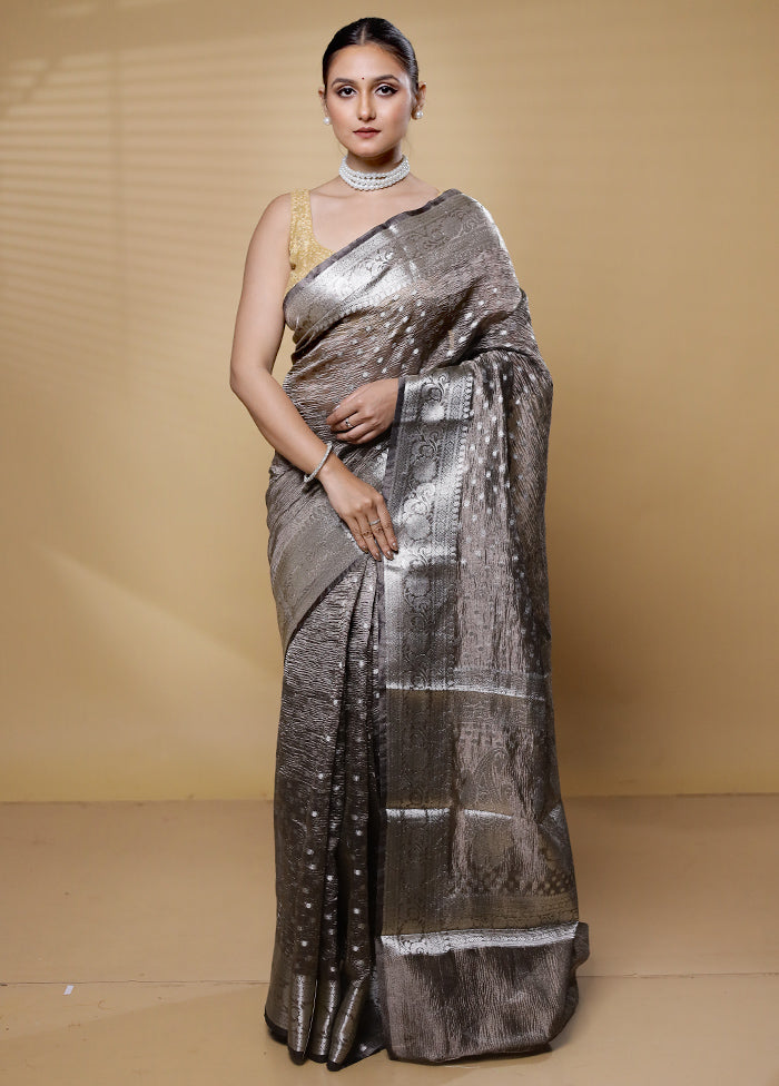 Grey Crushed Tissue Silk Saree With Blouse Piece