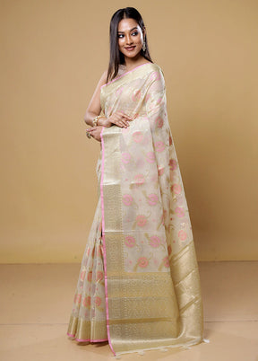 Cream Organza Saree With Blouse Piece