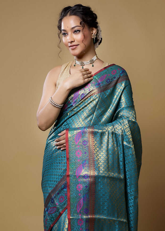 Blue Dupion Silk Saree With Blouse Piece