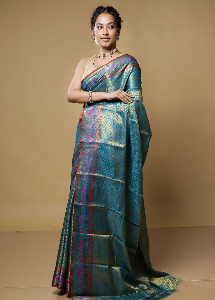 Blue Dupion Silk Saree With Blouse Piece