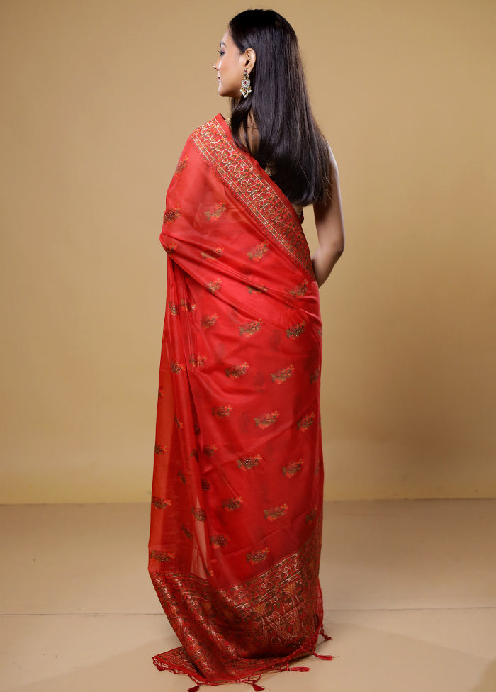 Red Organza Saree With Blouse Piece