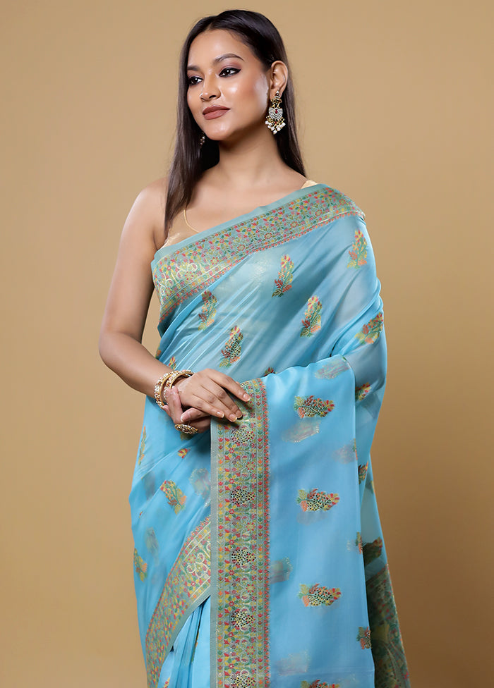 Blue Organza Saree With Blouse Piece