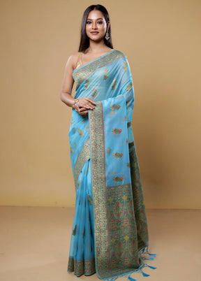 Blue Organza Saree With Blouse Piece