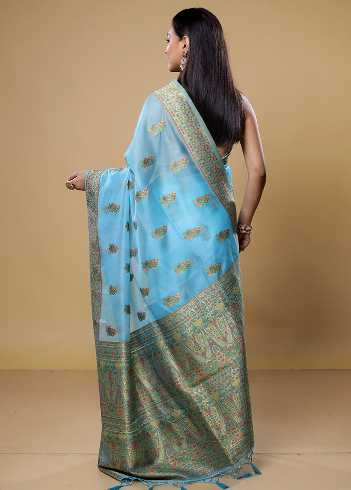 Blue Organza Saree With Blouse Piece