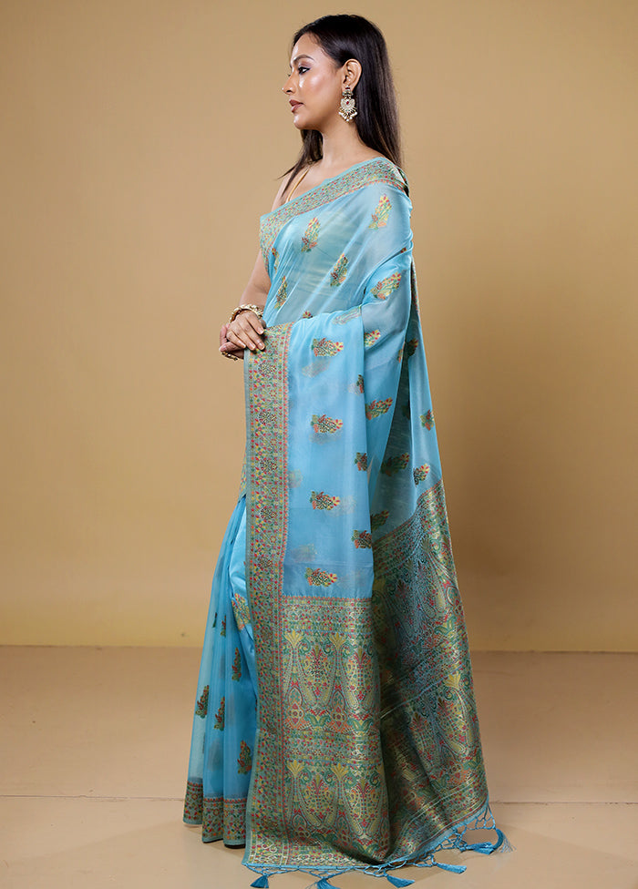 Blue Organza Saree With Blouse Piece