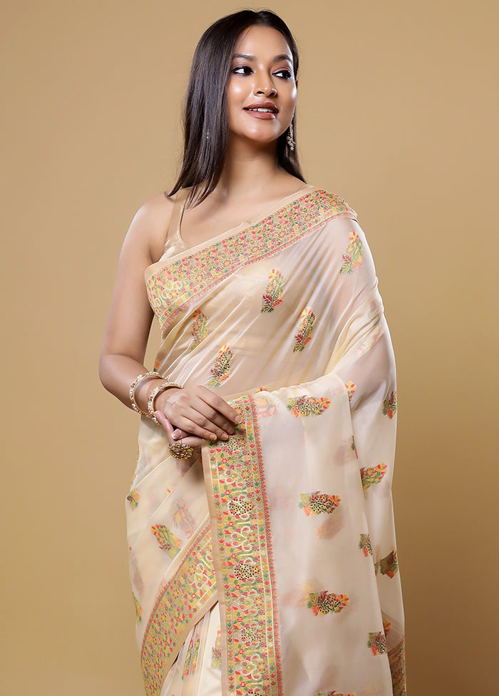 Cream Organza Saree With Blouse Piece