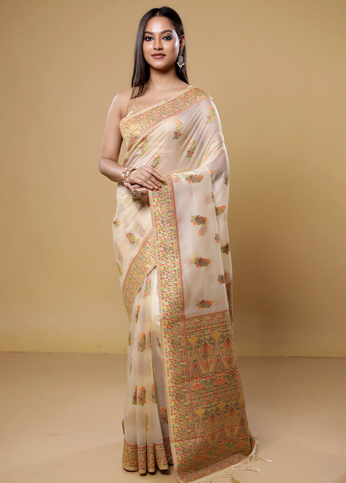 Cream Organza Saree With Blouse Piece