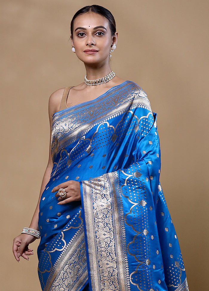 Blue Banarasi Silk Saree With Blouse Piece