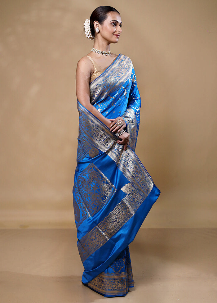 Blue Banarasi Silk Saree With Blouse Piece