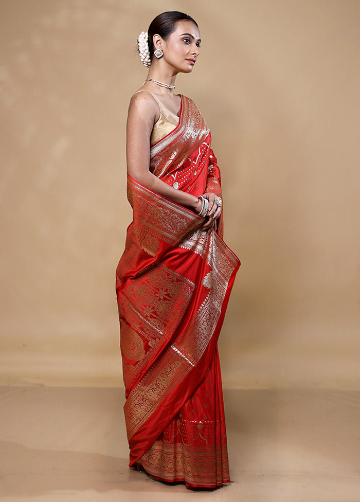 Red Banarasi Silk Saree With Blouse Piece