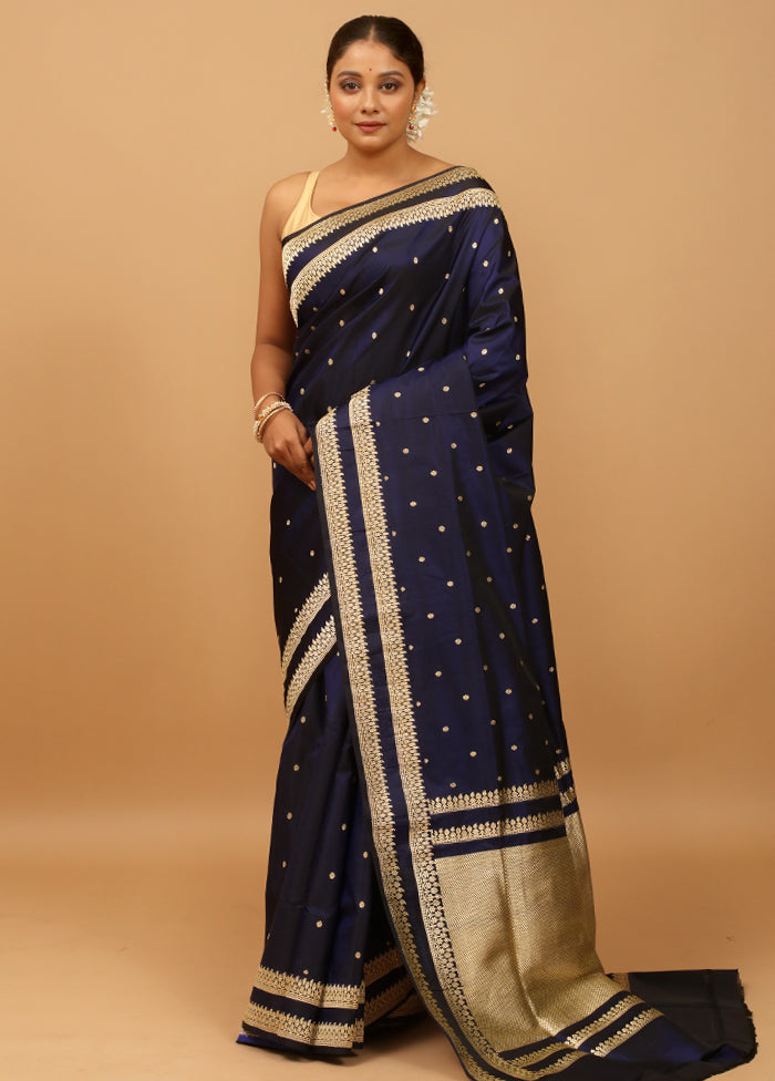 Blue Handloom Banarasi Pure Silk Saree With Blouse Piece