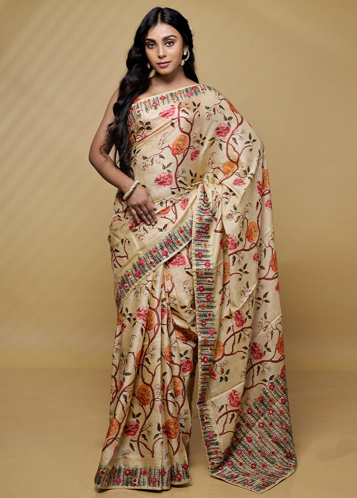 Cream Tussar Pure Silk Saree With Blouse Piece - Indian Silk House Agencies