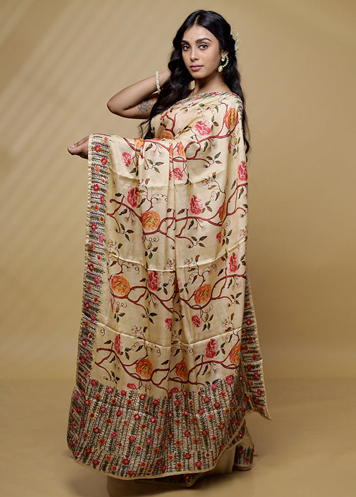 Cream Tussar Pure Silk Saree With Blouse Piece - Indian Silk House Agencies