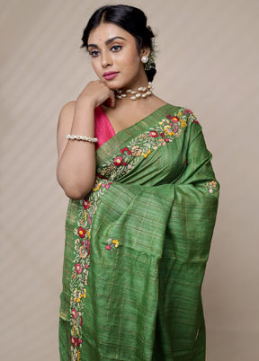 Green Tussar Pure Silk Saree With Blouse Piece - Indian Silk House Agencies