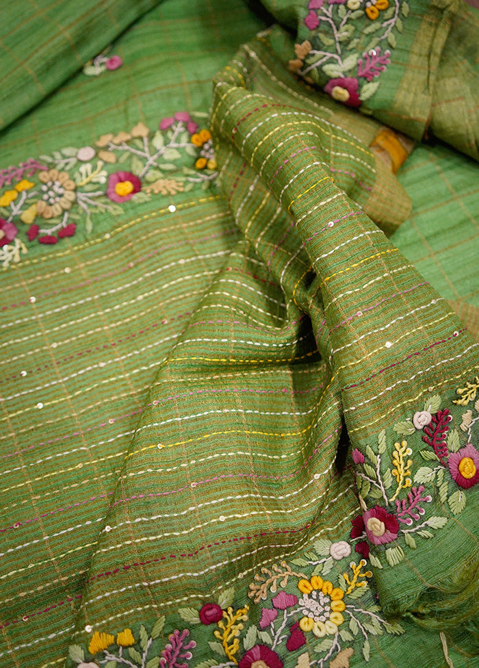 Green Tussar Pure Silk Saree With Blouse Piece - Indian Silk House Agencies