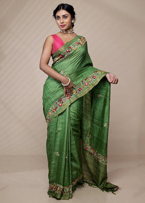 Green Tussar Pure Silk Saree With Blouse Piece - Indian Silk House Agencies