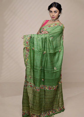 Green Tussar Pure Silk Saree With Blouse Piece - Indian Silk House Agencies