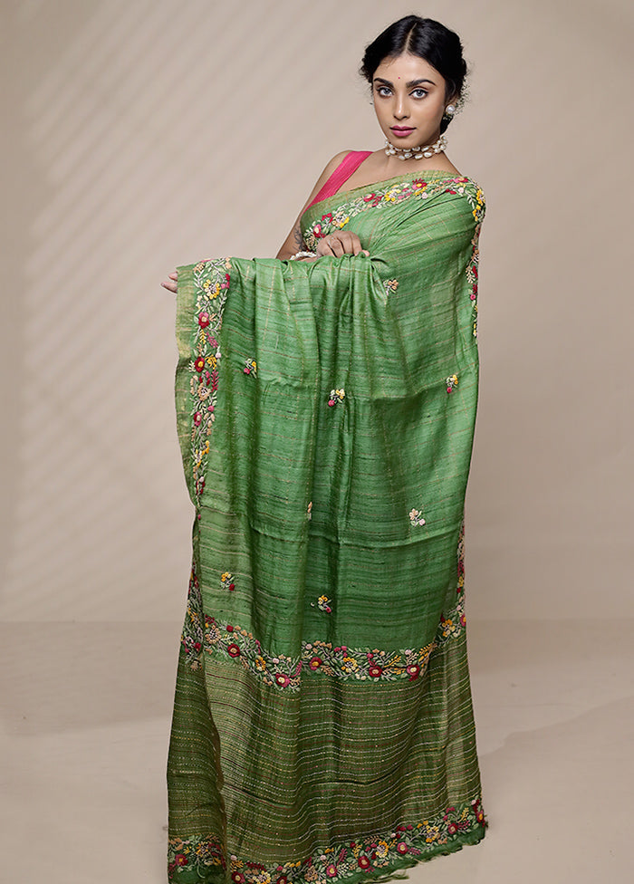 Green Tussar Pure Silk Saree With Blouse Piece - Indian Silk House Agencies