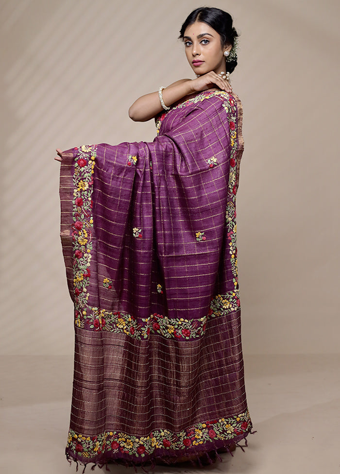 Purple Tussar Pure Silk Saree With Blouse Piece - Indian Silk House Agencies