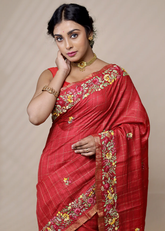 Pink Tussar Pure Silk Saree With Blouse Piece - Indian Silk House Agencies