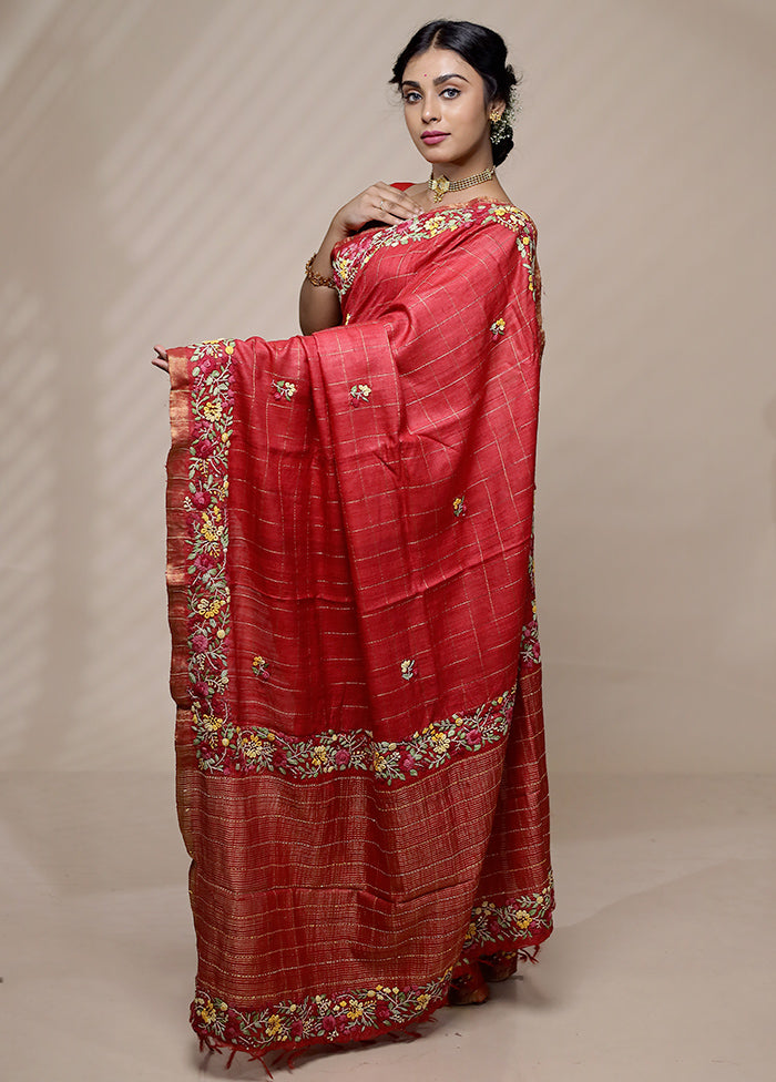 Pink Tussar Pure Silk Saree With Blouse Piece - Indian Silk House Agencies