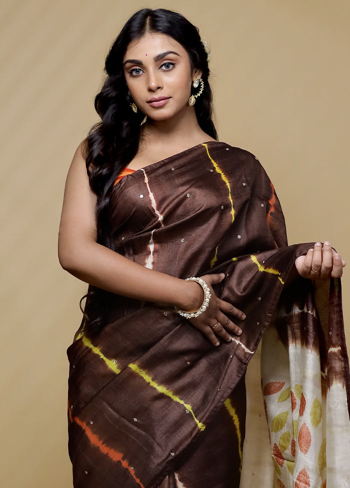 Brown Tussar Pure Silk Saree With Blouse Piece - Indian Silk House Agencies