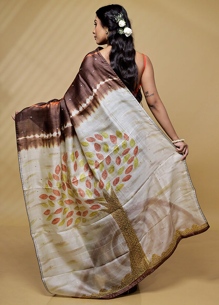 Brown Tussar Pure Silk Saree With Blouse Piece - Indian Silk House Agencies