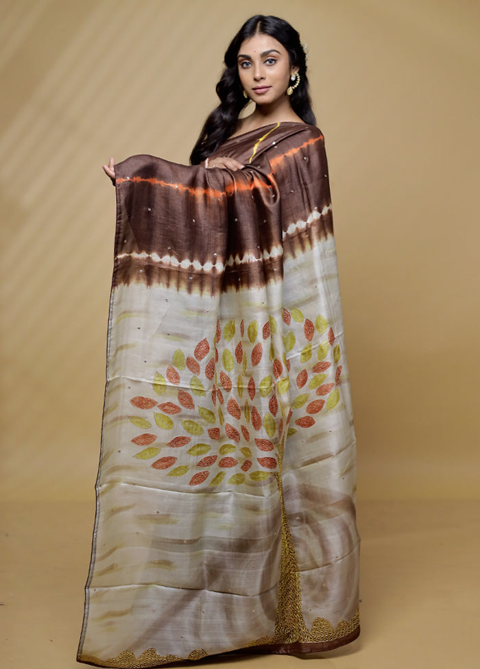 Brown Tussar Pure Silk Saree With Blouse Piece - Indian Silk House Agencies