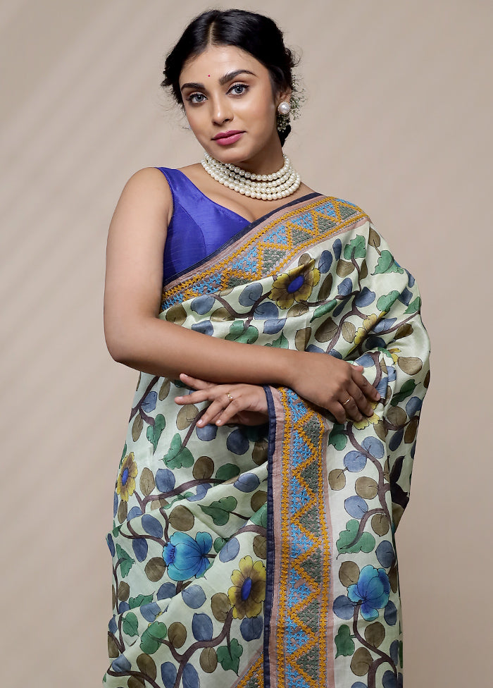 Cream Tussar Pure Silk Saree With Blouse Piece - Indian Silk House Agencies